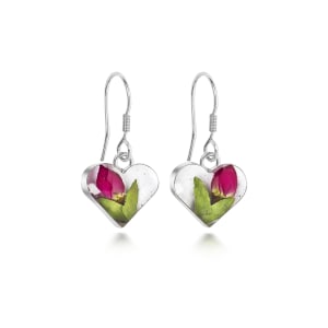 Sterling Silver Heart Drop Earrings Containing Miniature Rose