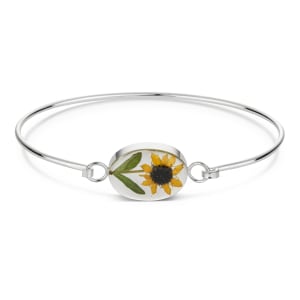 Sterling Silver Oval Bangle With Miniature Sunflower