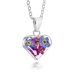 Sterling Silver Medium Heart Pendant Necklace With Miniature Purple Haze Flowers