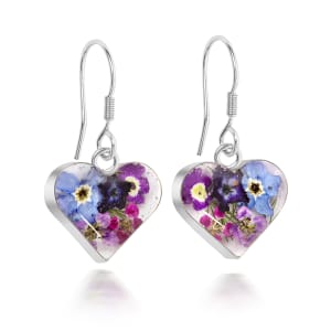 Sterling Silver Heart Drop Earrings With Miniature Purple Haze Flowers