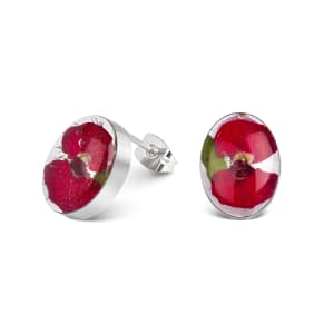 Sterling Silver Oval Stud Earrings Containing Single Miniature Poppy
