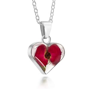 Sterling Silver Small Heart Pendant Necklace With Single Miniature Poppy