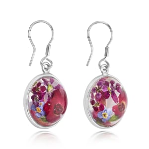 Sterling Silver Domed Drop Earrings Containing Miniature Mixed Flowers