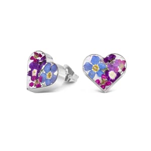 Sterling Silver Heart Stud Earrings With Miniature Purple Haze Flowers
