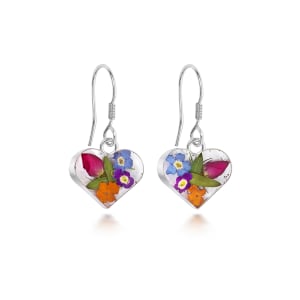 Sterling Silver Heart Drop Earrings Containing Miniature Mixed Flowers