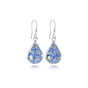 Sterling Silver Tear Drop Earrings Containing Miniature Forget-Me-Not Flowers