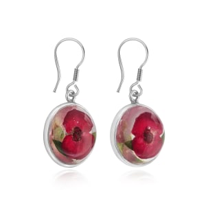PROBLEM Sterling Silver Domed Drop Earrings Containing Miniature Poppy Flowers