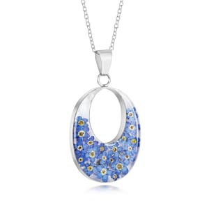Sterling Silver Double Oval Pendant Necklace With Miniature Forget-Me-Not Flowers