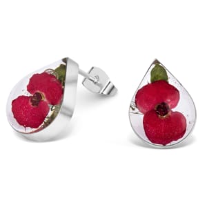 Sterling Silver Tear Drop Shaped Stud Earrings Containing Single Miniature Poppy