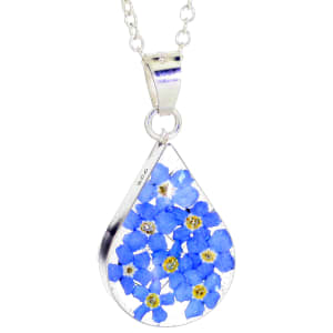 Sterling Silver Medium Tear Drop Pendant Necklace With Miniature Forget-Me-Not Flowers