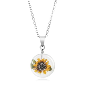 Spherical Pendant With Single Miniature Sunflower And Sterling Silver Necklace