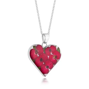 Sterling Silver Large Heart Pendant Necklace With Miniature Poppy Flowers