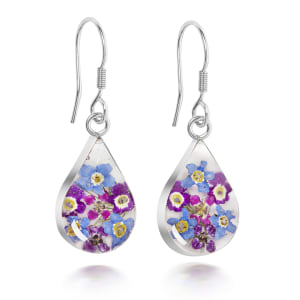 Sterling Silver Tear Drop Earrings Containing Miniature Purple Haze Flowers