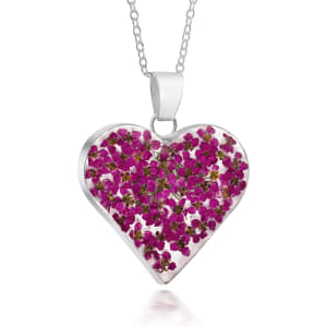 Sterling Silver Large Heart Pendant Necklace With Miniature Pink Flowers