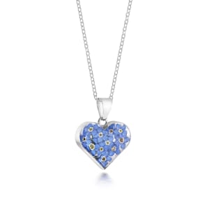 Sterling Silver Medium Heart Pendant Necklace With Miniature Forget-Me-Not Flowers