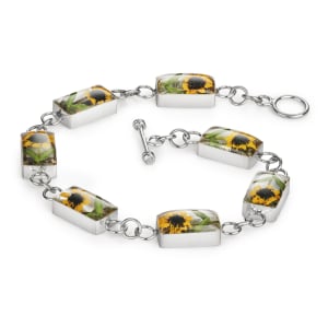 Sterling Silver Rectangles Bracelet With Miniature Sunflowers