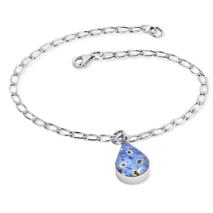 Sterling Flat Curb Chain Bracelet With Tear Drop Of Miniature Forget-Me-Not Flowers
