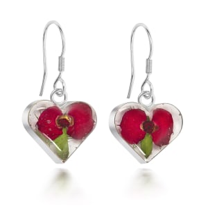 Sterling Silver Heart Drop Earrings Containing Single Miniature Poppy