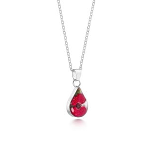 Sterling Silver Small Tear Drop Pendant Necklace With Miniature Poppy Flowers