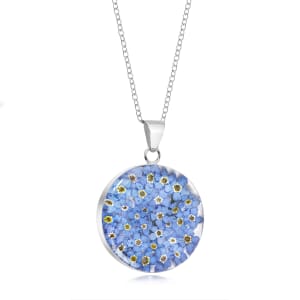 Sterling Silver Large Round Pendant Necklace With Miniature Forget-Me-Not Flowers