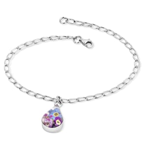 Sterling Flat Curb Chain Bracelet With Tear Drop Of Miniature Purple Haze Flowers