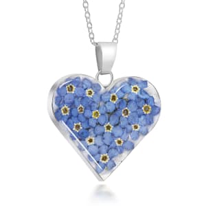 Sterling Silver Large Heart Pendant Necklace With Miniature Forget-Me-Not Flowers