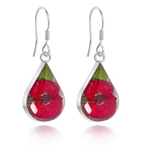 Sterling Silver Tear Drop Earrings Containing Single Miniature Poppy