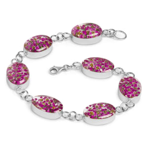 Sterling Silver Ovals Bracelet With Miniature Pink Flowers