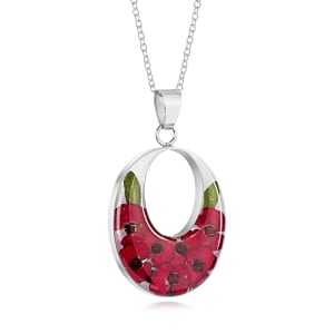 Sterling Silver Double Oval Pendant Necklace With Miniature Poppy Flowers