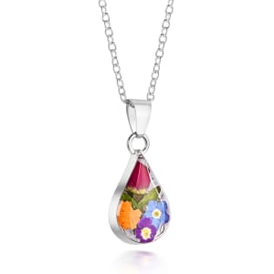 Sterling Silver Small Tear Drop Pendant Necklace With Miniature Mixed Flowers