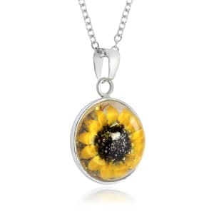Sterling Silver Domed Pendant Necklace With Miniature Sunflower