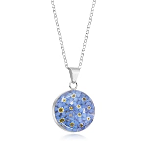 Sterling Silver Medium Round Pendant Necklace With Miniature Forget-Me-Not Flowers