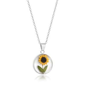 Sterling Silver Medium Round Pendant Necklace With Miniature Sunflower