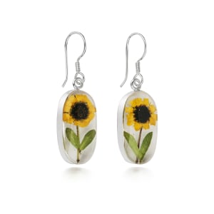 Sterling Silver Oval Drop Earrings Containing Miniature Sunflower