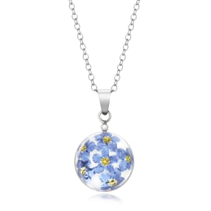 Spherical Pendant With Miniature Forget-Me-Not Flowers And Sterling Silver Necklace