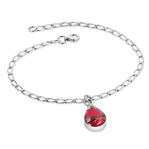 Sterling Flat Curb Chain Bracelet With Tear Drop Of Miniature Poppy Flower