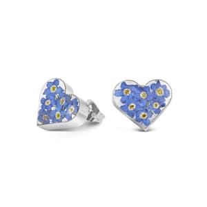 Sterling Silver Heart Stud Earrings Containing Miniature Forget-Me-Not Flowers
