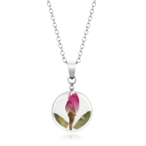 Spherical Pendant With Single Miniature Rose And Sterling Silver Necklace