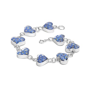 Sterling Silver Hearts Bracelet With Miniature Forget-Me-Not Flowers