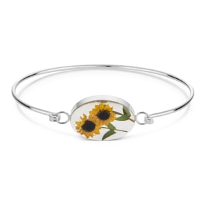 Sterling Silver Oval Bangle With Two Miniature Sunflowers