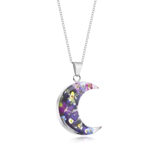 Sterling Silver Crescent Pendant Necklace With Miniature Midnight Blue Flowers