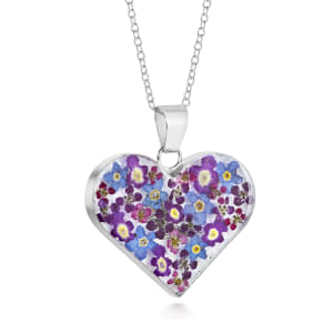 Sterling Silver Large Heart Pendant Necklace With Miniature Purple Haze Flowers