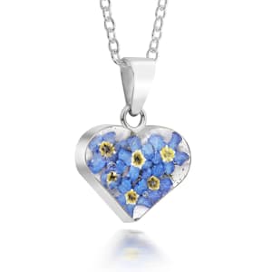 Sterling Silver Small Heart Pendant Necklace With Miniature Forget-Me-Not Flowers