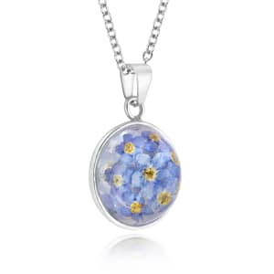 Sterling Silver Domed Pendant Necklace With Miniature Forget-Me-Not Flowers