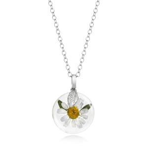 Sterling Silver Round Pendant Necklace With Single Daisy Flower