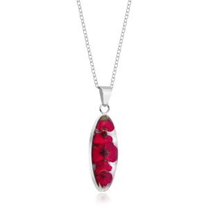 Sterling Silver Medium Oval Pendant Necklace With Miniature Poppy Flowers