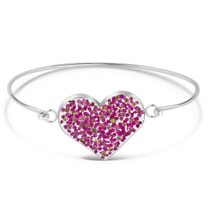 Sterling Silver Heart Bangle With Miniature Pink Flowers