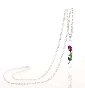 Sterling Silver Tube Drop Pendant Necklace With Miniature Rose