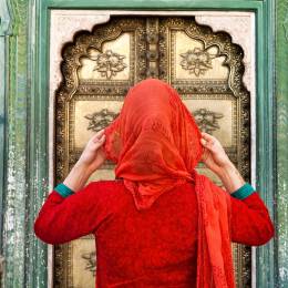 Women with red scarf in North India