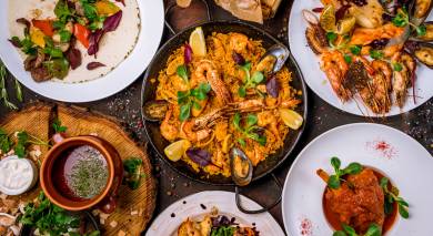Assorted Spanish food set Paella seafood platters, grilled seafood